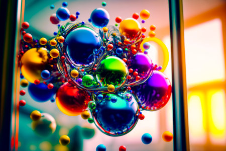 Bunch of different colored bubbles floating in glass vase with window in the background. Generative AI.の素材