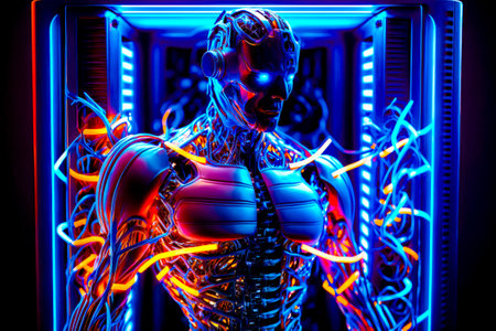 Man in futuristic suit with headphones and neon light behind him. Generative AI.の素材