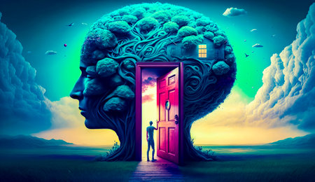 Man standing in front of doorway with tree in the shape of head. Generative AI.の素材