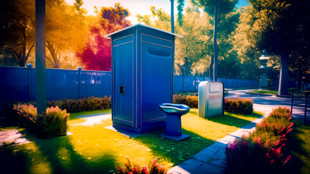 Blue portable toilet sitting in the middle of lush green park area. Generative AI.の素材