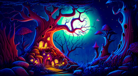 Painting of night scene with tree and house in the woods. Generative AI.の素材