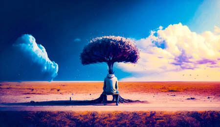 Person sitting on bench under tree in the middle of desert. Generative AI.の素材