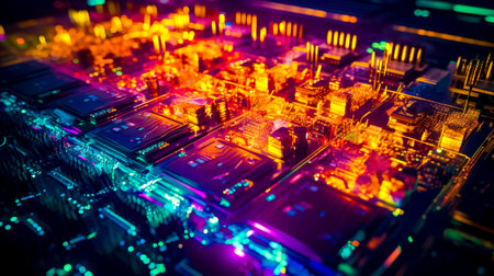 Close up of computer motherboard with colorful lights in the background. Generative AI.の素材