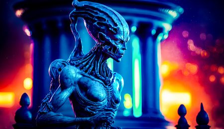 Statue of alien sitting in front of fountain with neon light behind it. Generative AI.の素材
