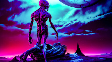 Painting of alien standing in front of blue and purple sky. Generative AI.の素材