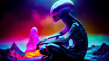 Alien sitting on the ground in front of rock and glowing rock. Generative AI.の素材