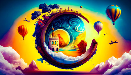 Painting of castle on top of mountain with sky background. Generative AI.の素材