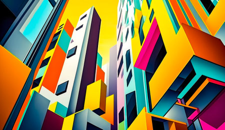 Painting of the city with tall buildings and sky in the background. Generative AI.の素材