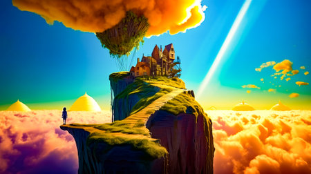 Painting of house on top of cliff with sky background. Generative AI.の素材