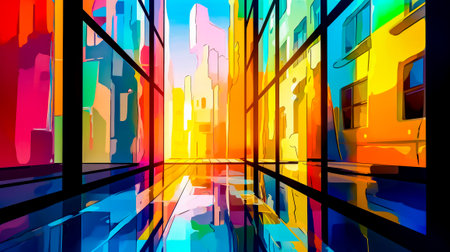Abstract painting of cityscape with reflection in the water. Generative AI.の素材