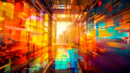 Abstract image of city with colorful squares in the middle of it. Generative AI.の素材