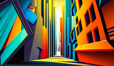 Painting of city street with tall buildings and yellow light at the end of the street. Generative AI.の素材