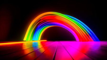Rainbow colored tunnel in dark room. Generative AI.の素材