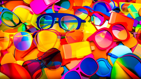 Pile of colorful sunglasses sitting on top of each other. Generative AI.の素材