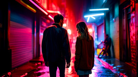 Man and woman walking down street in the rain at night. Generative AI.の素材