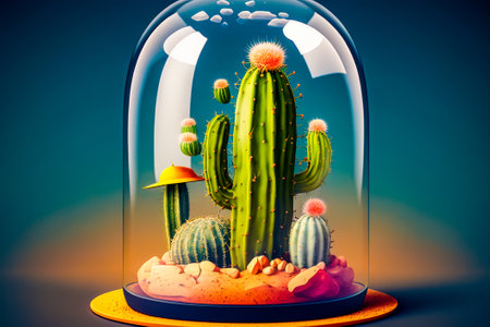 Glass dome with cactus inside of it. Generative AI.の素材