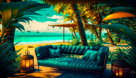 Couch sitting on top of sandy beach under palm tree filled sky. Generative AI.の素材