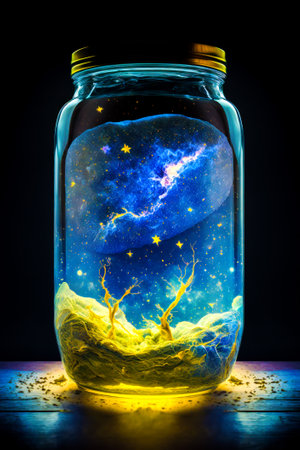 Glass jar with painting of mountain and stars in the sky. Generative AI.の素材