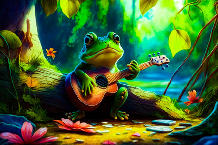 Frog with guitar sitting on tree branch in the middle of the forest. Generative AI.の素材