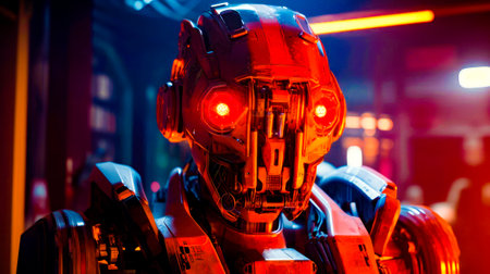 Close up of robot in suit with gun in his hand. Generative AI.の素材