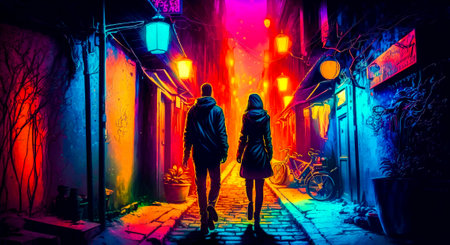 Man and woman walking down street in front of neon light. Generative AI.の素材