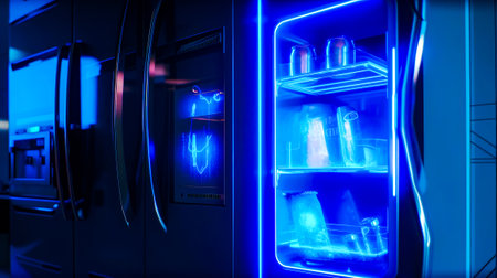 Refrigerator with blue light inside of it next to refrigerator freezer. Generative AI.の素材