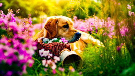 Dog laying in the field of flowers with basket of easter eggs. Generative AI.の素材