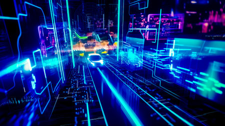 Car driving through futuristic city with neon lines on the road and buildings in the background. Generative AI.の素材