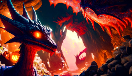 Close up of dragon with glowing eyes in cave with rocks. Generative AI.の素材