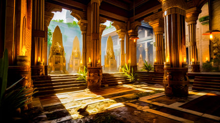 The interior of building with columns and fountain in the middle of the room. Generative AI.の素材