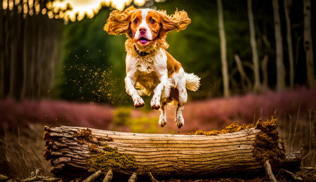 Brown and white dog jumping over log into the air with frisbee in its mouth. Generative AI.の素材