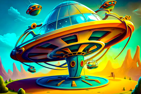 Painting of flying saucer with man in the middle of it. Generative AI.の素材