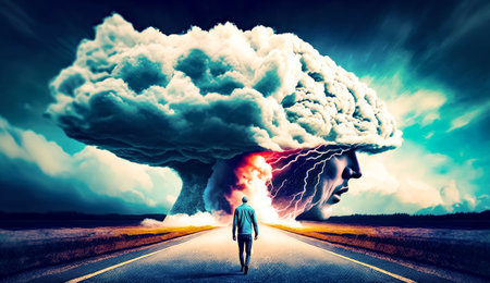 Man walking down road with huge cloud in the middle of it. Generative AI.の素材