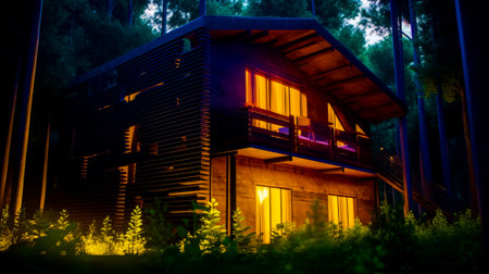 Lit up house in the middle of the forest with trees in the background. Generative AI.の素材