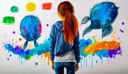 Woman standing in front of painting of fish and whale. Generative AI.の素材