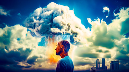 Man standing in front of cloud with city in the background. Generative AI.の素材