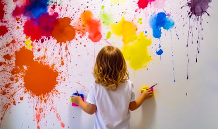Little girl is painting on wall with colorful paint splatters. Generative AI.の素材