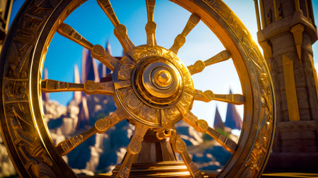 Close up of golden wheel with castle in the back ground. Generative AI.の素材