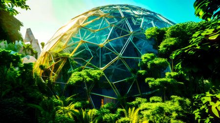 Glass dome in the middle of the forest with lots of trees around it. Generative AI.の素材
