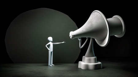 Person standing in front of white bullhorn on black background. Generative AI.の素材