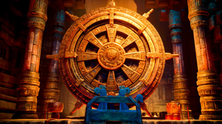 Large golden wheel on top of blue bench in front of building. Generative AI.の素材