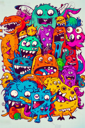 Group of monsters with their mouths open and eyes wide open, all in different colors. Generative AI.の素材