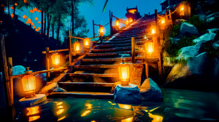Set of stairs lit up with lanterns in park at night time. Generative AI.の素材
