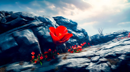 Red flower sitting on top of rock covered hillside next to body of water. Generative AI.の素材