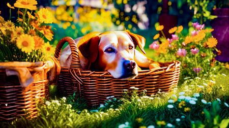 Dog laying in a basket in the grass with flowers in the background. Generative AI.の素材