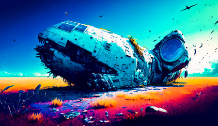 Painting of spaceship in the middle of the field with sky background. Generative AI.の素材