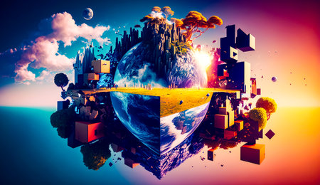 Collage of different images with the earth in the middle of it. Generative AI.の素材