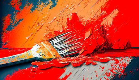 Painting of paintbrush with red and yellow paint splattered on it. Generative AI.の素材