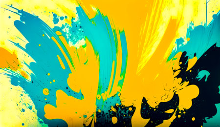 Yellow and blue abstract painting with black and white lines and dots on yellow background. Generative AI.の素材