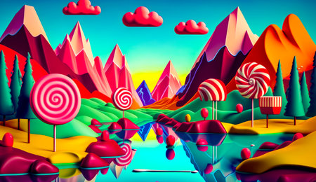 Painting of landscape with lollipops and mountains in the background. Generative AI.の素材